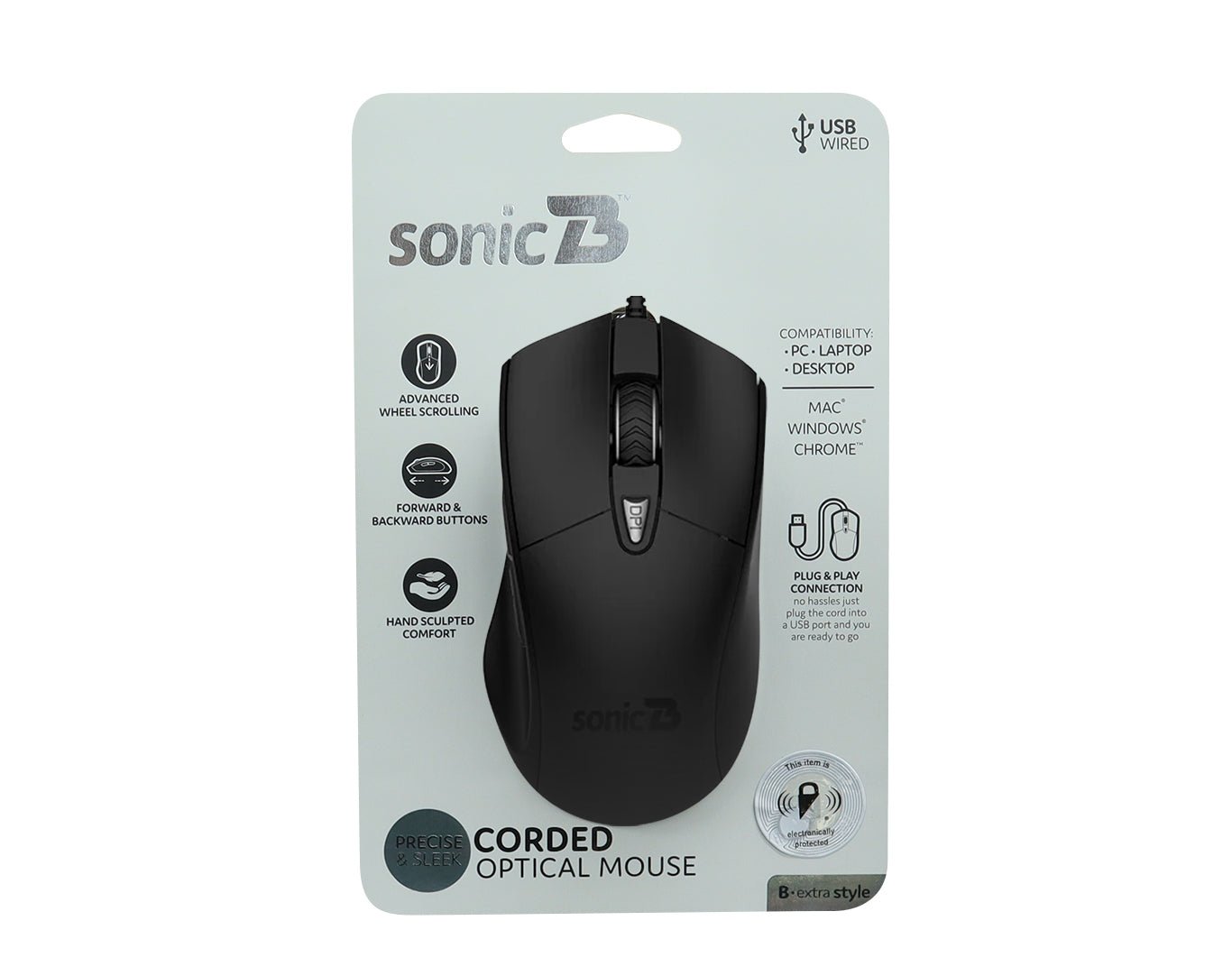 SonicB USB Corded Optical Mouse Scroll Wheel SBWM1-BLK