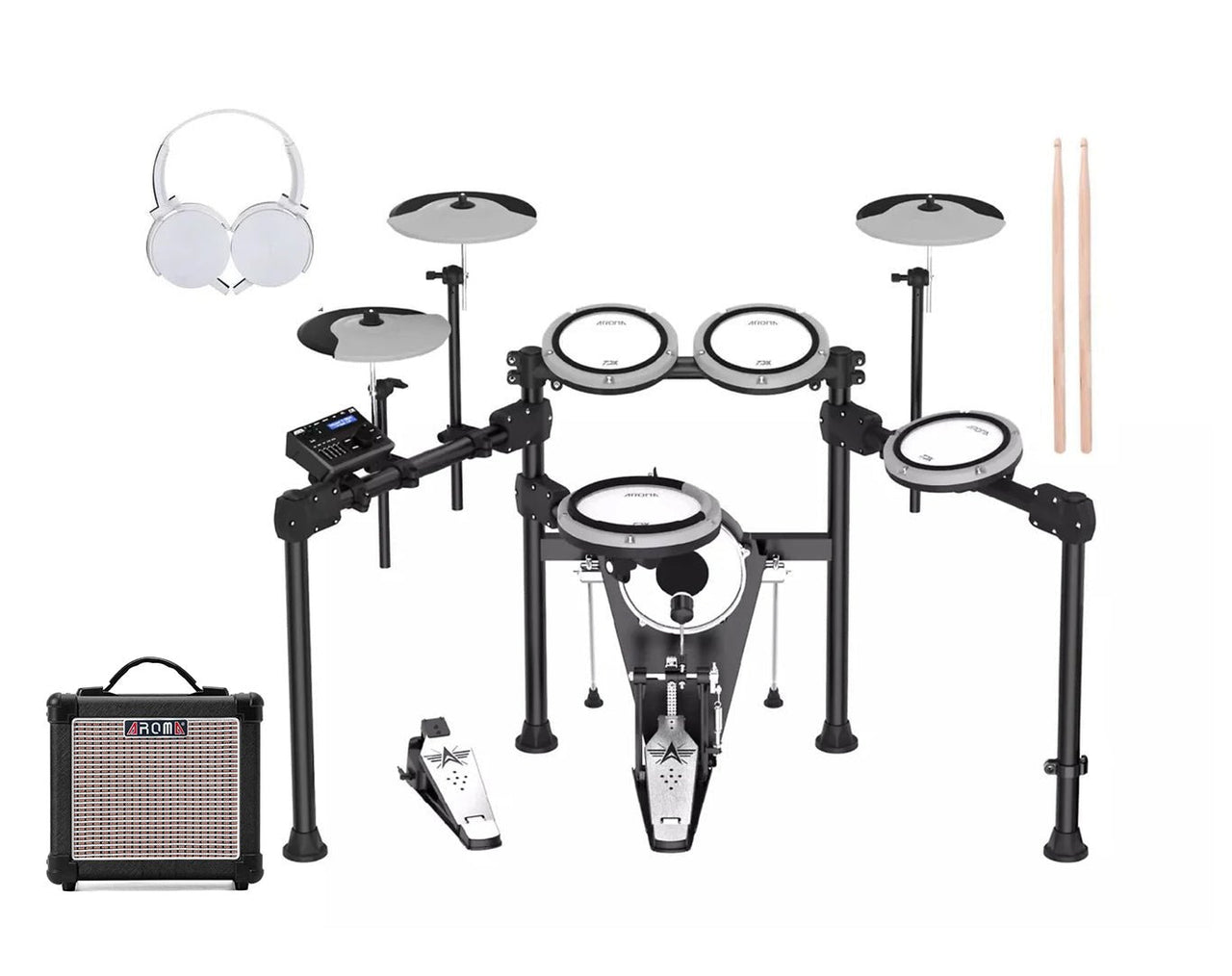 Aroma 5 Piece Premium Electronic Drum Kit Amplifier Headphones Package TDX23II+AG10