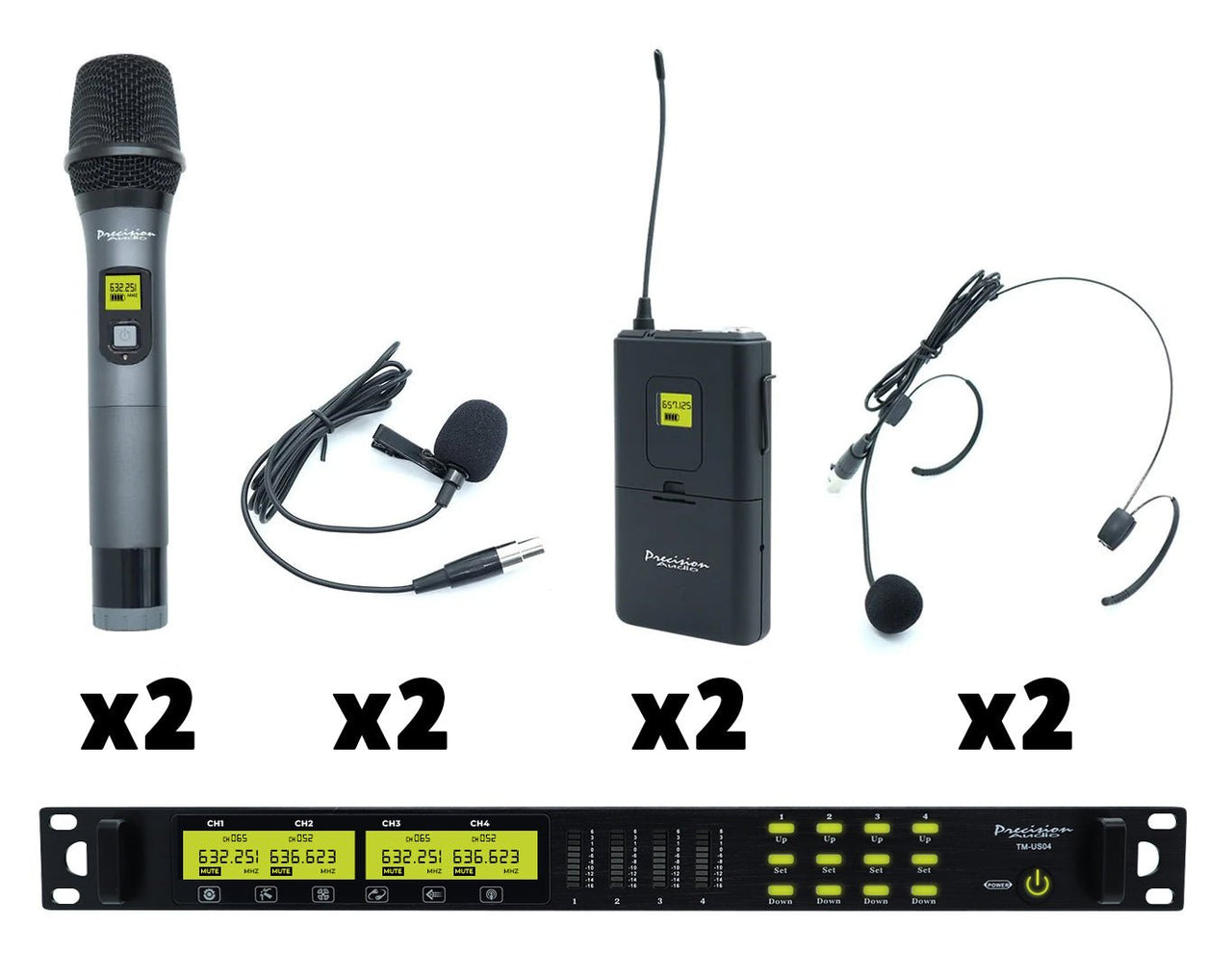 Precision Audio 4 Channel UHF Wireless 2 Microphone 2 Headset Bodypack TMUS04B