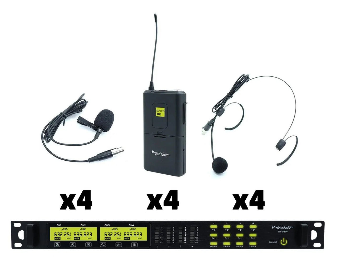 Precision Audio 4 Channel UHF Wireless Microphone System 4x Headset Bodypack Lapels TMUS04B-4HS