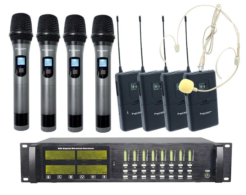 Precision Audio 8 Channel UHF Wireless Microphone System Headset Body Pack Rack Mount LCD Display TMUS08-4&4 