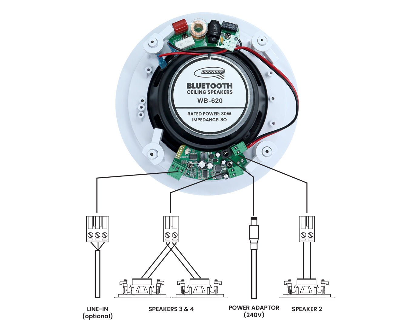 Weconic 6.5" Bluetooth Ceiling Speaker Package Built-in Amp Wireless Control 4 Pack WB640