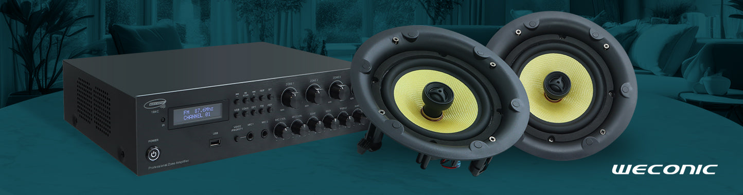 Audio amplifier and speakers with 'Weconic' branding on a blue background