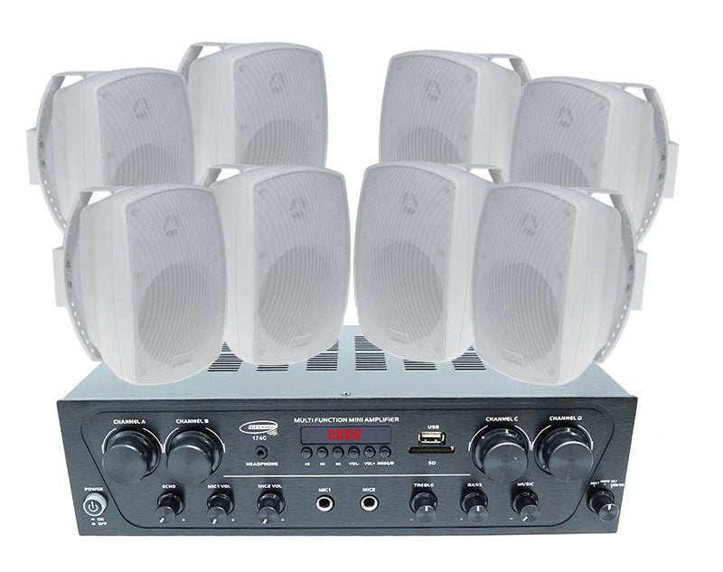 4 Channel 160W Bluetooth Amplifier + 4 PAIRS 5.25" INDOOR / OUTDOOR Ceiling Speakers Package EQ Stereo AMP 80W Cafe Restaurant 174C+4XSA850W 