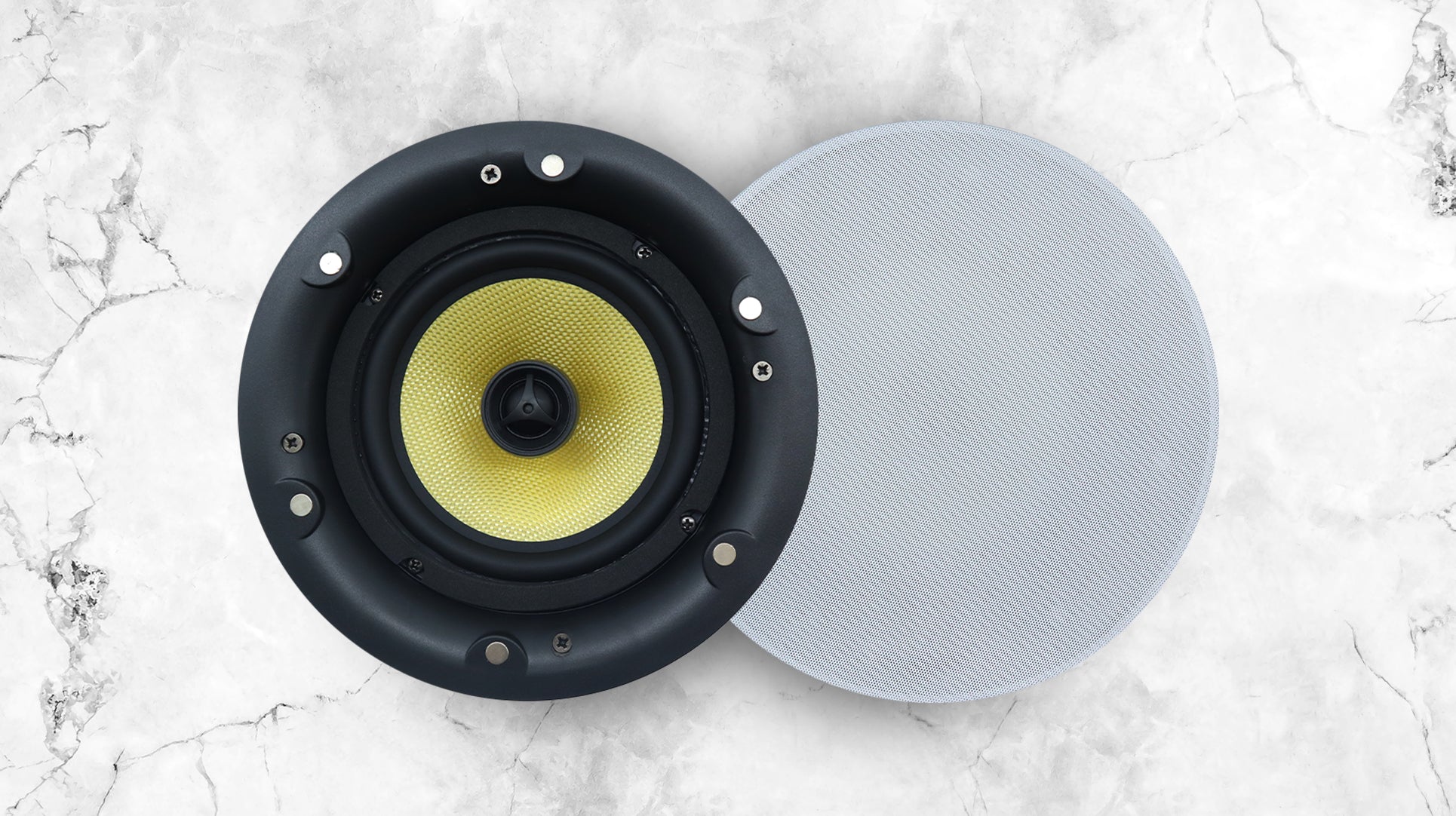 Two standard ceiling speakers showing the inner part and grille.