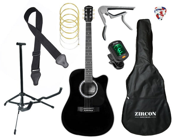 Zircon 41" Full Size 6 String Acoustic Black Guitar Pack Bag Stand Capo Pick Tuner Strings Cutaway AG300C-BLK 