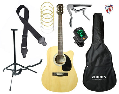 Zircon 41" Full Size 6 String Acoustic Natural Guitar Pack Bag Stand Capo Pick Tuner Strings Cutaway AG300C-NAT 