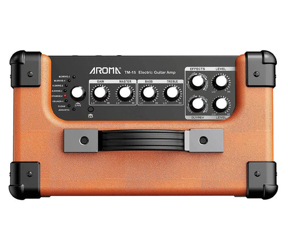 AROMA 15W Portable Guitar Amplifier Multi Distortion Clean Tones Bass Treble Control Bluetooth Built-In Battery Orange TM-15-ONG 