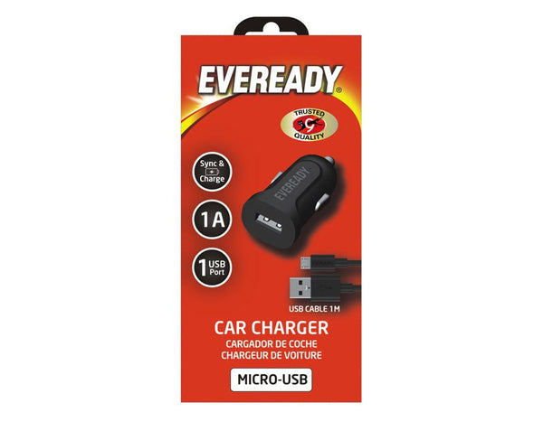 EVEREADY Car Charger Adaptor 1A Black Sync & Charge Micro USB 1m Cable 