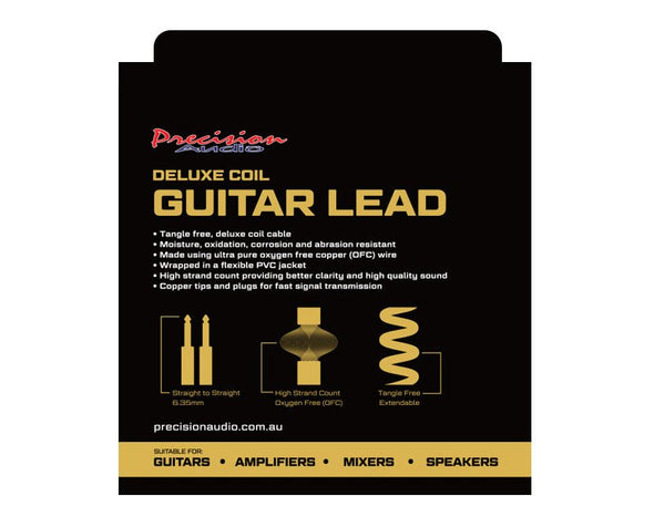 Precision Audio 1/4" To 1/4" 6.35mm Deluxe Coil Studio Guitar Lead Straight to Straight GLEADC10 10m 