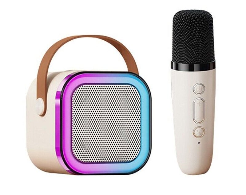 Portable Mini Bluetooth Karaoke Speaker System Wireless Microphone Voice Changer LED Lights S920 Beige