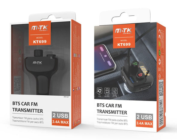 Bluetooth Car FM Transmitter Microphone LED Display 3.4A 2USB EQ BASS Button FM / USB / TF Black KT699 