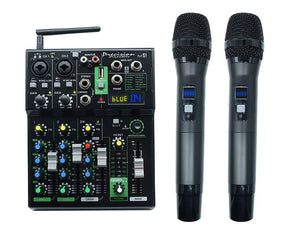 4 Channel Mixer + Dual Wireless Microphone System 99 Digital Effects Mixing Console XLR USB Bluetooth MP3 3 Band EQ M4 