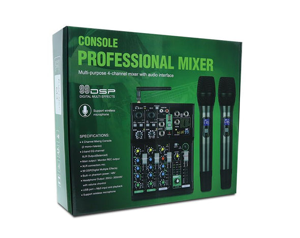 4 Channel Mixer + Dual Wireless Microphone System 99 Digital Effects Mixing Console XLR USB Bluetooth MP3 3 Band EQ M4 