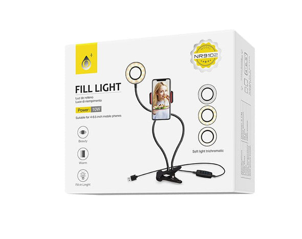 2 IN 1 Selfie Ring Light Live Streaming Clip-On Flexible Arm 4-6.5" Phones NR9102 