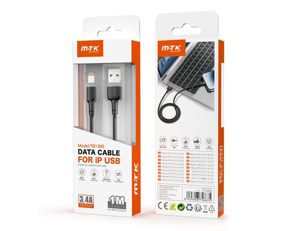 Moveteck iP to USB Data Cable 1m 5V 3.4a White Black TB1365 