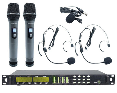 Precision Audio 4 Channel UHF Wireless 2 Microphone 2 Headset BONUS Lapel System Rack Mount LCD Display TMUS04-2&2 