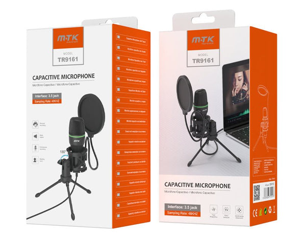 Moveteck Capacitive Recording Microphone Podcast Live Stream Noise Reduction Condenser Microphone Tripod Stand 3.5mm Jack Cable TR9161 