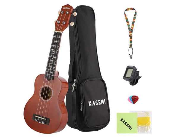 KASEMI 21" Soprano Ukulele Pack Premium Padded CASE  Strap Strings Picks Tuner 4 String Guitar UKSET Brown