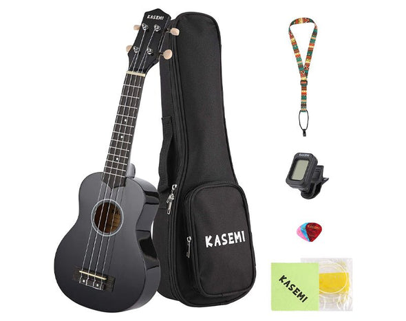 KASEMI 21" Soprano Ukulele Pack Premium Padded CASE  Strap Strings Picks Tuner 4 String Guitar UKSET Black