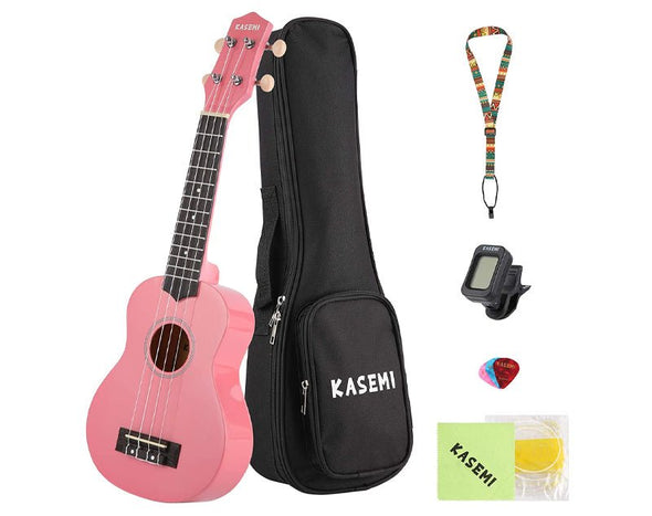 KASEMI 21" Soprano Ukulele Pack Premium Padded CASE  Strap Strings Picks Tuner 4 String Guitar UKSET Pink